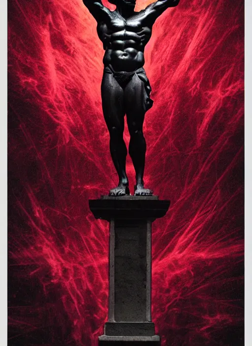 Image similar to dark design poster showing a statue of hercules, black background with very subtle red and purple design elements, powerful, nekro, vito acconci, thin straight lines, dark, glitch art, neo vaporwave, gritty, layout frame, square, trending on artstation