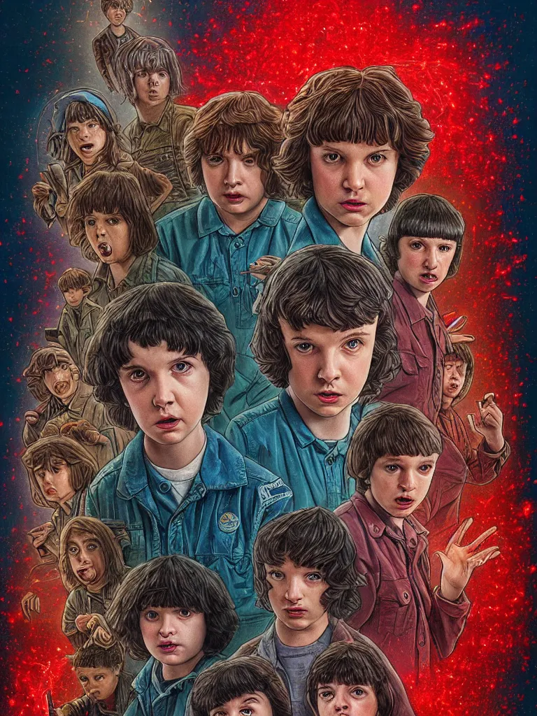 Image similar to A new Stranger Things poster, a detailed painting featuring Finn Wolfhard (Mike Wheeler) from Stranger Things turned on his back floating around being surrounded by red dust from the series, spiders crawling out of the ground, rain, fear, Andrew Ferez traits, cg society, fantasy art, biomorphic, mystical, whimsical, 8k