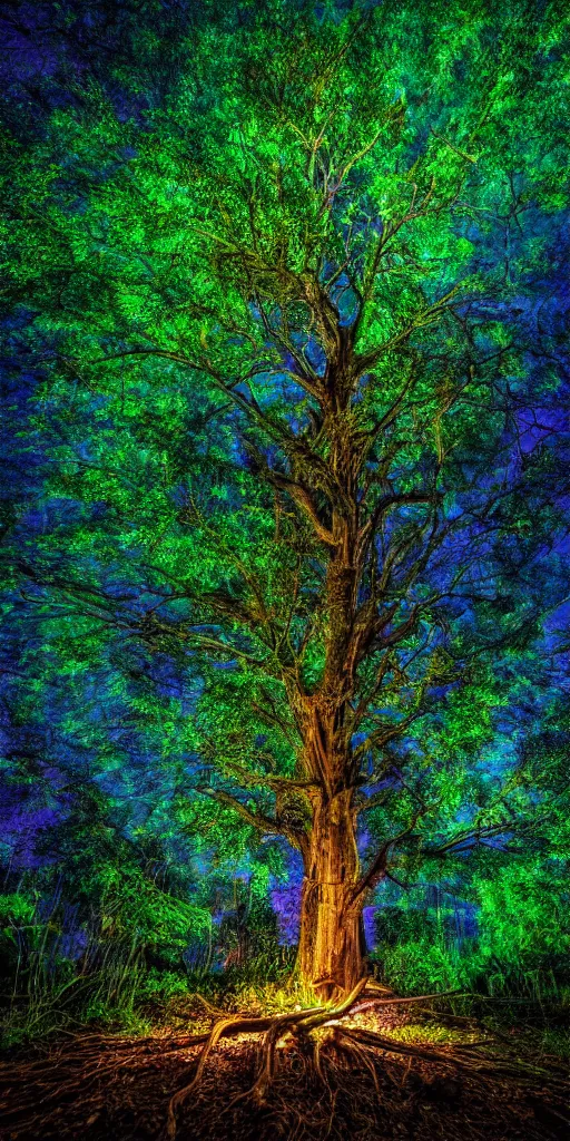 Prompt: an hd dslr photo art of a big tree glowing in dark jungle at night, enormously detailed