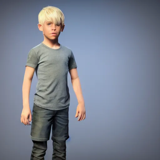 Image similar to a detailed full body of boy with blonde hair and blue eyes, unreal engine 5 rendered, incredibly highly detailed and realistic, 8 k, sharp focus, studio quality