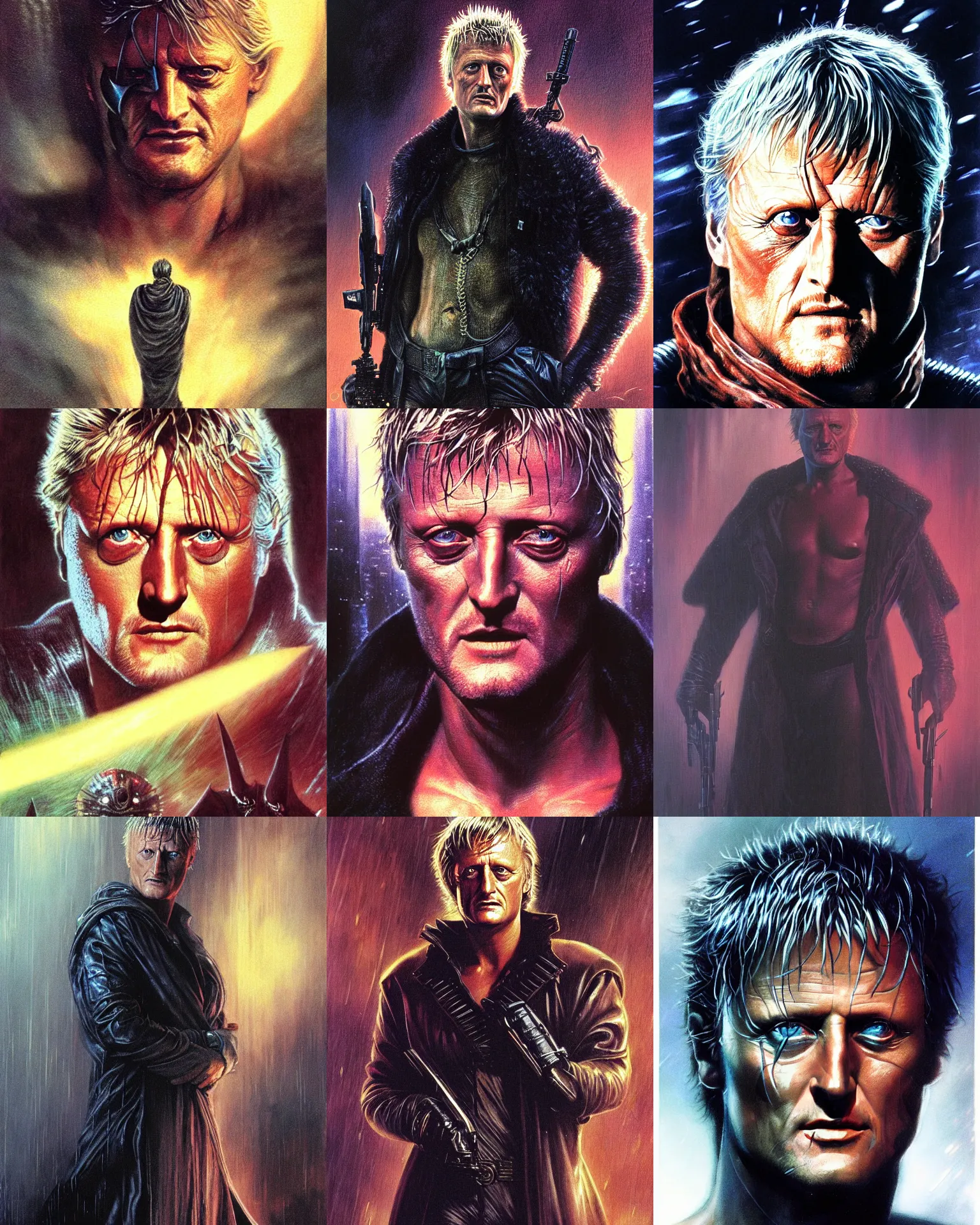 Prompt: rutger hauer in blade runner lee epic fantasy art portrait, superhero, dramatic soft shadow lighting, muted colors, ultrarealistic, highly detailed by wayne barlowe, boris vallejo, allen williams, hajime sorayama, aaron horkey, gaston bussiere,