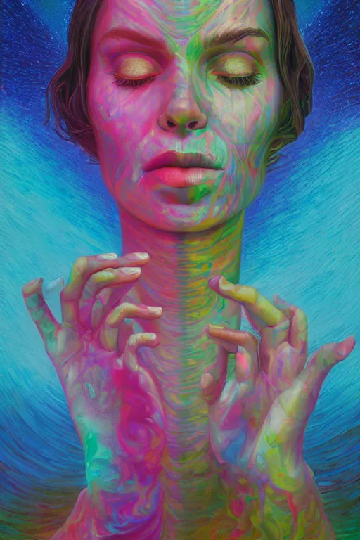 Image similar to acid tripping cult girl third eye open, chakra energy waves resonating from her body, ethereal aura, epic surrealism 8k oil painting, portrait, perspective, high definition, post modernist layering, by Sean Yoro, Casey Weldon