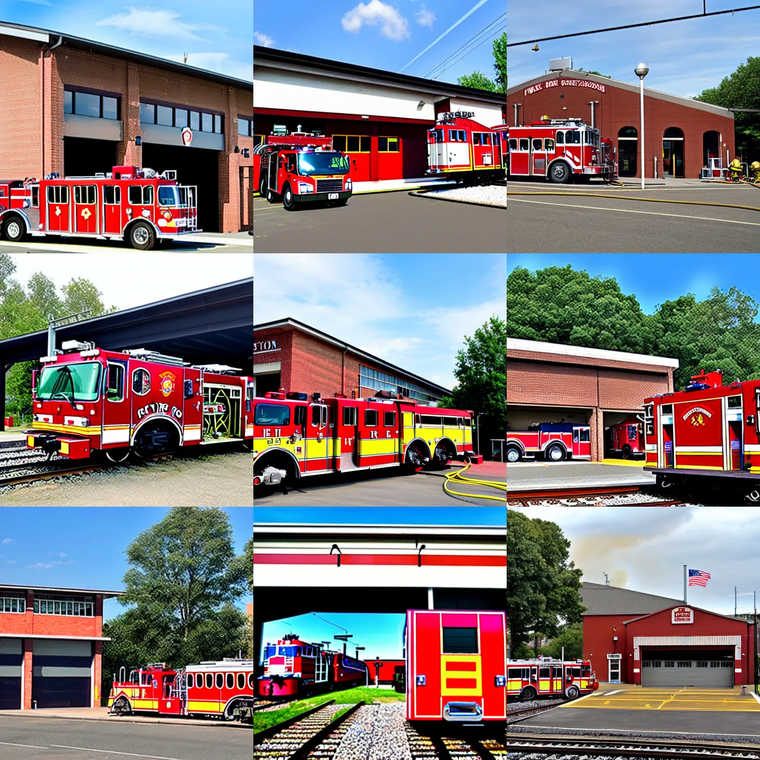 Prompt: a fire station, with a train parked outside