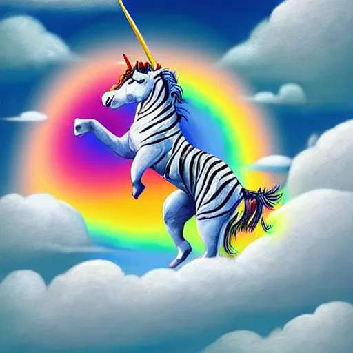 Image similar to a happy child rides a unicorn tiger between the clouds, digital art