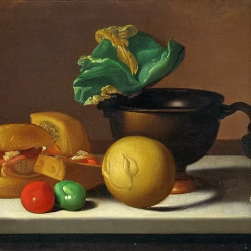 Prompt: mcdonald in still life. dutch masters, 1 8 th century. oil on canvas. juicy, fresh, delicious