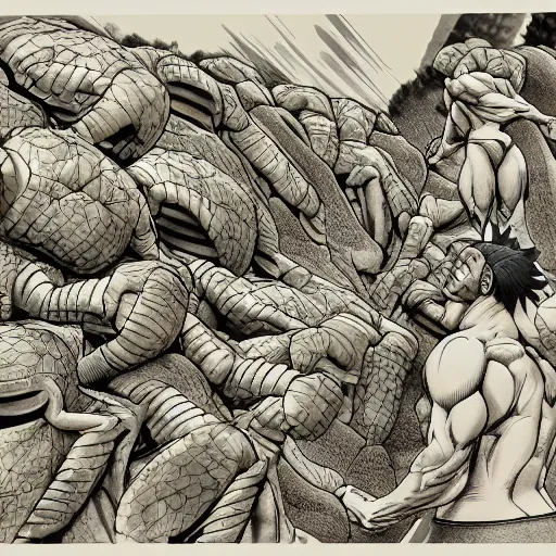 Image similar to a crawling mountain of muscles, highly detailed, manga, award winning pictures, by studio mappa, by studio wit