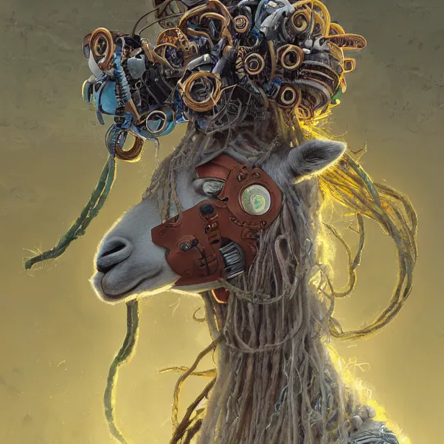 Image similar to llama with dreadlocks, industrial scifi, by mandy jurgens, ernst haeckel, anton fadeev, james jean