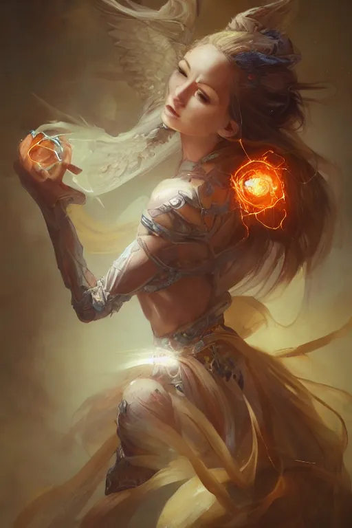 Image similar to portrait of a beautiful model presenting a roll, casting magic spell holding electricity, angel, fantasy, dramatic lighting, highly detailed, digital painting, holding electricity, magic the gathering, hyper detailed, 3 d render, hyper realistic detailed portrait, peter mohrbacher, wlop, ruan jia