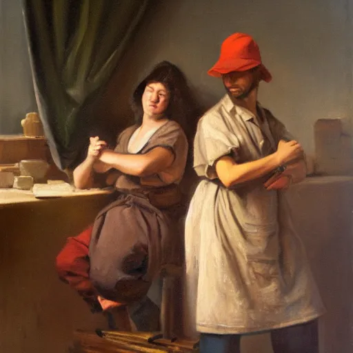 Prompt: an oil painting of two carpenters