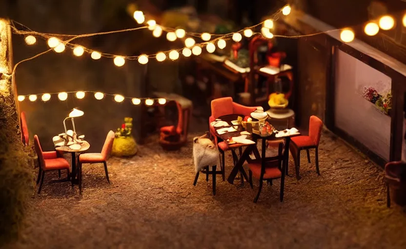 Image similar to mini cafe diorama macro photography, cafe for felted animals, ambient, atmospheric photograph, string lights, romantic