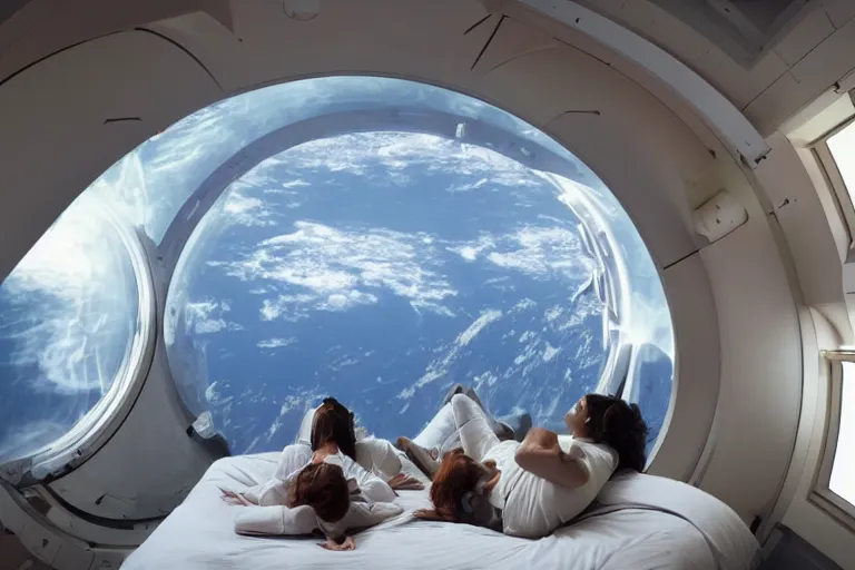 Image similar to sci-fi scene of space tourists in glamourous spaceship bedroom looking out large circular window at earth orbit By Emmanuel Lubezki