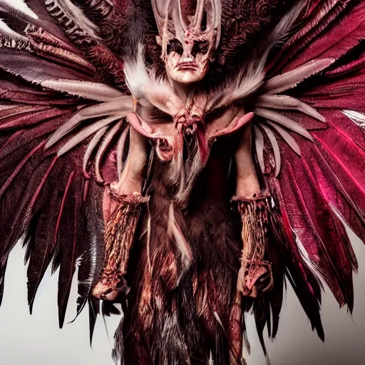 Image similar to a demon inspired by feathers created by the make up artist hungry, photographed by andrew thomas huang, cinematic, expensive visual effects