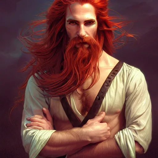 Image similar to portrait of a young ruggedly handsome but joyful pirate, male, masculine, upper body, red crimson hair, very long flowing hair, fantasy, smirk, intricate, elegant, highly detailed, digital painting, artstation, concept art, matte, sharp focus, illustration, art by artgerm and greg rutkowski and alphonse mucha