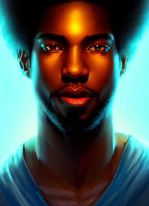 Image similar to photographic portrait of an handsome young black man with an afro, glowing lights intricate, elegant, highly detailed, digital painting, artstation, concept art, smooth, sharp focus, illustration, art by artgerm and greg rutkowski