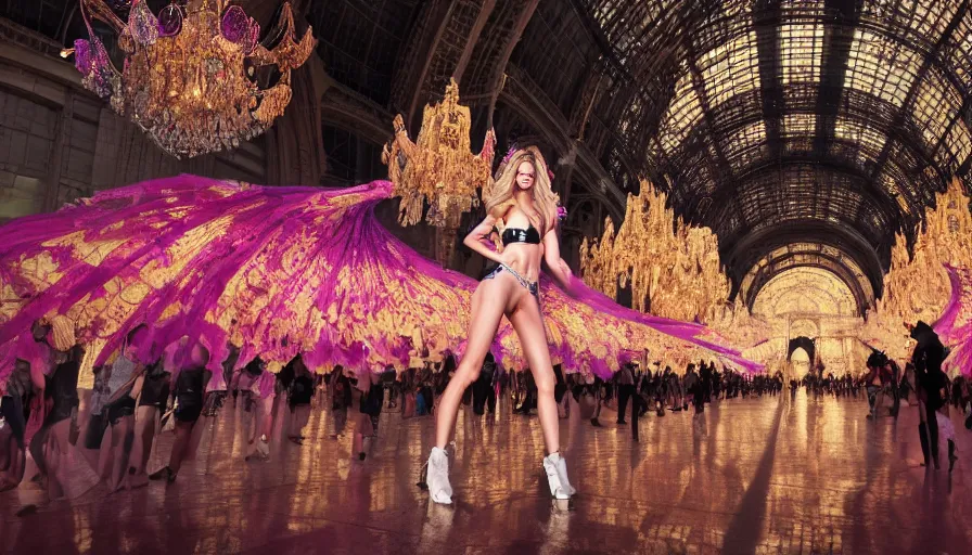 Image similar to victoria secret parade in the galeries nationales du grand palais in paris, light, shadows, reflections, flowers, epic composition, intricate, elegant, volumetric lighting, 4 k resolution, octane render, unreal engine, ultradetailed, photorealistic, ultrarealism, trending on artstation