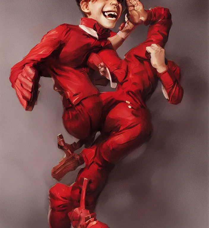 Image similar to medium shot, a boy with mildly dangerous looking eyes with smile with red suit on, very detailed, digital art, concept art, studio quality, fantasy, art style by J. C. Leyendecker