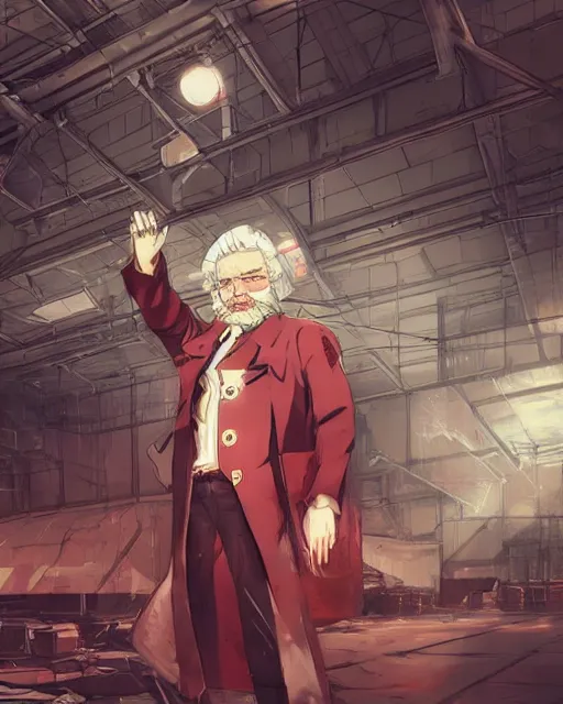 Image similar to Digital communist anime art by WLOP and Mobius, Karl Marx, serious expression, empty warehouse background, highly detailed, spotlight