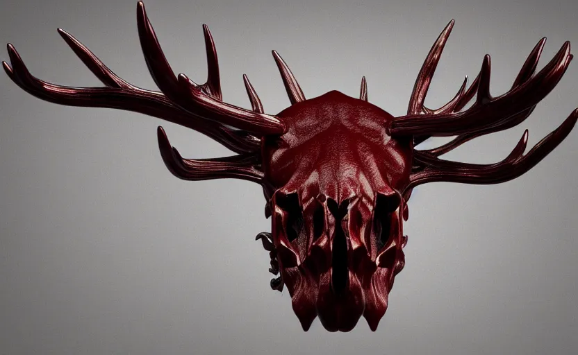 Image similar to stylized shiny polished silver statue full body bizarre cosmic horror quadruped animal moose deer skull four legs made of slug creature tendrils, perfect symmetrical body, perfect symmetrical face, hyper realistic, hyper detailed, by johannen voss, by michelangelo, octane render, blender, 8 k, displayed in pure white studio room anatomical deep red arteries veins flesh