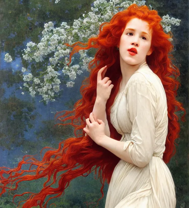 Image similar to intricate art nouveau portrait oil painting of redheaded young molly ringwald with long red hair blowing in the wind, mouth open, wearing a thin white dress, in front of a carved screen, elegant, digital painting, smooth, sharp focus, illustration, ultra realistic, 8 k, by bouguereau, alphonse mucha, artgerm, and donato giancola