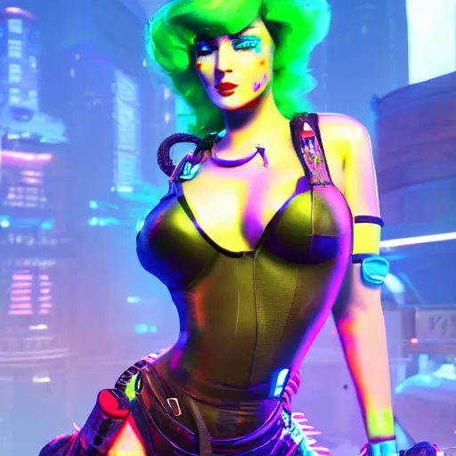 Prompt: 1 9 2 0 cyberpunk pinup girls, neon colors, 8 k, hd, apex legends, fornite, gta