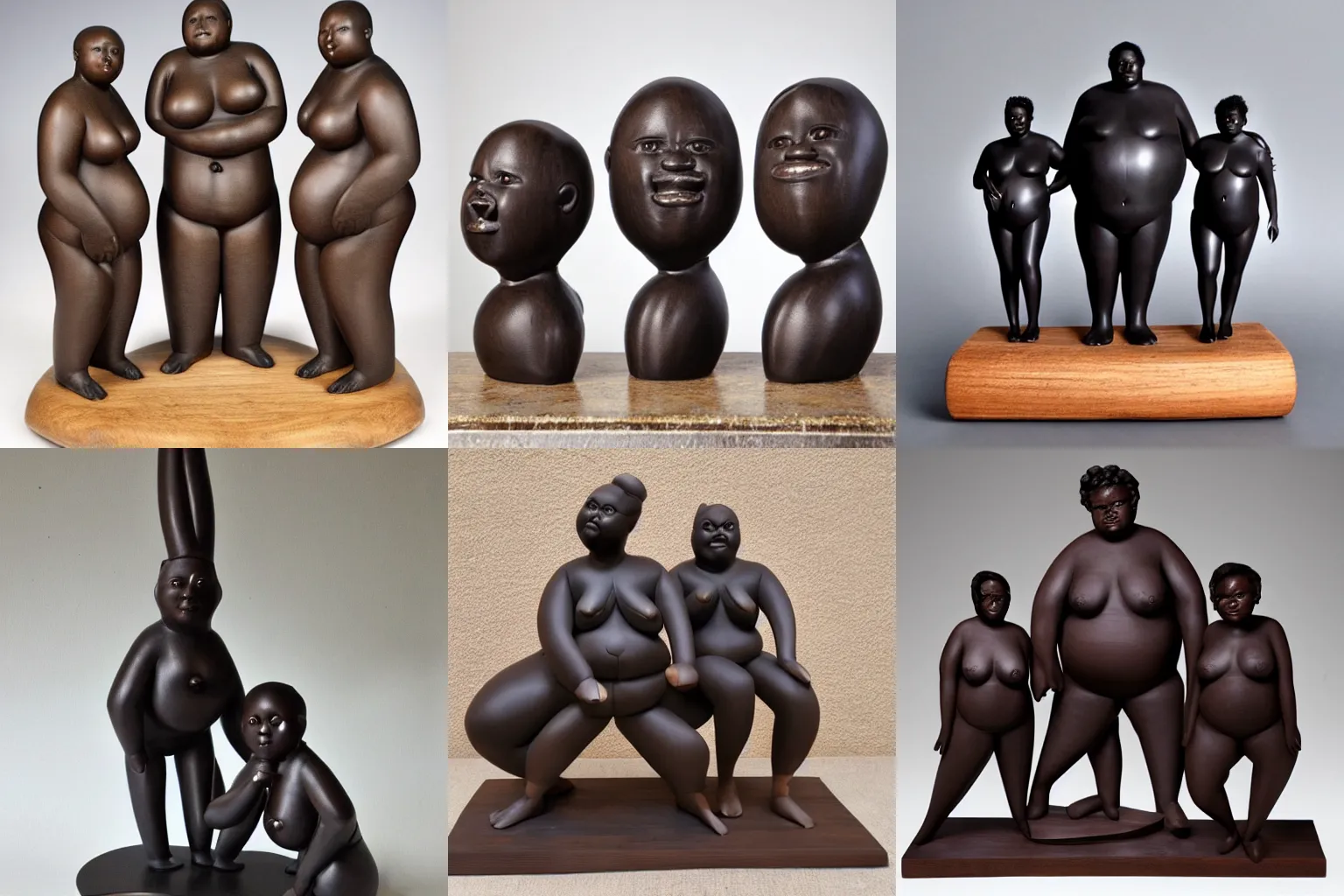 Prompt: ebony wood sculpture of three beautiful fat androgynous polyamorous black people