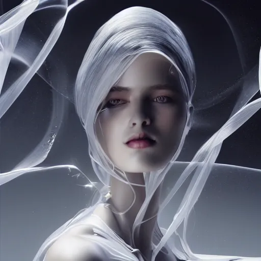 Image similar to a highly detalied digital image of a shattering futuristic woman elegantly tangled in white linen, by Andrew Chiampo, artstation, and Frederik Heyman, extremely detailed woman, stunning volumetric lighting, hyper realism, fantasy 4k