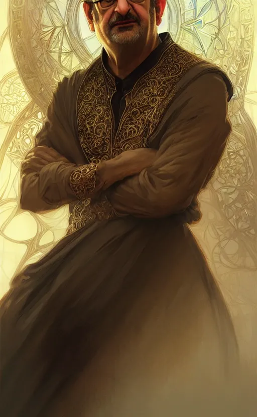 Image similar to portrait of salman rushdie, deep focus, d & d, fantasy, intricate, elegant, highly detailed, digital painting, artstation, concept art, matte, sharp focus, illustration, art by artgerm and greg rutkowski and alphonse mucha