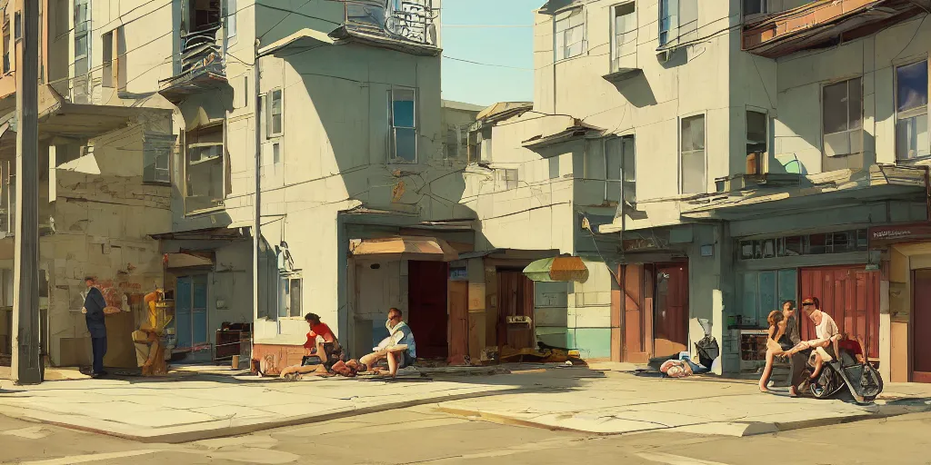 Prompt: empty residential building with owned by bank sign and homeless family outside on a street in a cardboard on curb in a city by Craig Mullins, ilya kuvshinov, krenz cushart, artgerm trending on artstation by Edward Hopper and Dan Mumford and WLOP and Rutkovsky, Unreal Engine 5, Lumen, Nanite