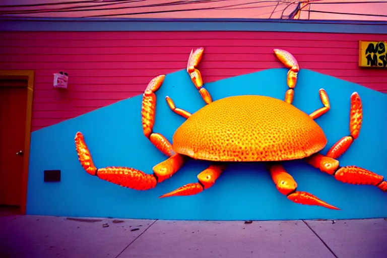 Image similar to 2 0 1 5 cute giant crab terrorizing a city, googie city, americana, fishcore, hd 8 k, photography cinestill