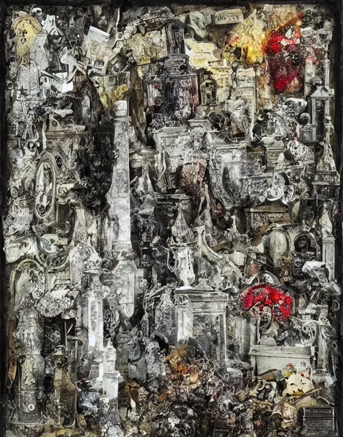 Prompt: old cemetery, detailed analogue mixed media collage with canvas texture in style of contemporary art, punk art, hyperrealistic, photorealistic, expressionism, masterpiece, perfect composition, spectacular quality, intricate oil details, vivid broken glass, torn paper