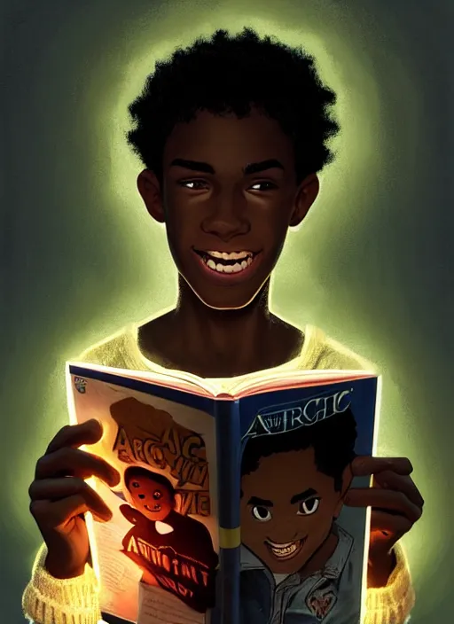 Image similar to portrait of teenage chuck clayton, black teenage boy, very short curly hair, very short hair, square jaw, slight excited smile, reading archie comic book, intricate, elegant, glowing lights, highly detailed, digital painting, artstation, concept art, smooth, sharp focus, illustration, art by wlop, mars ravelo and greg rutkowski