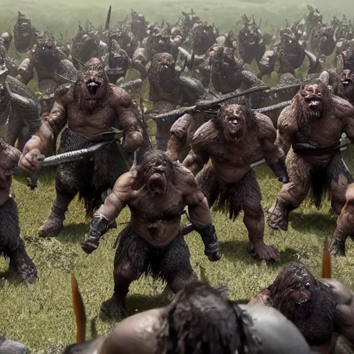 Image similar to an army of orcs on a battlefield, extremely realistic movie scene