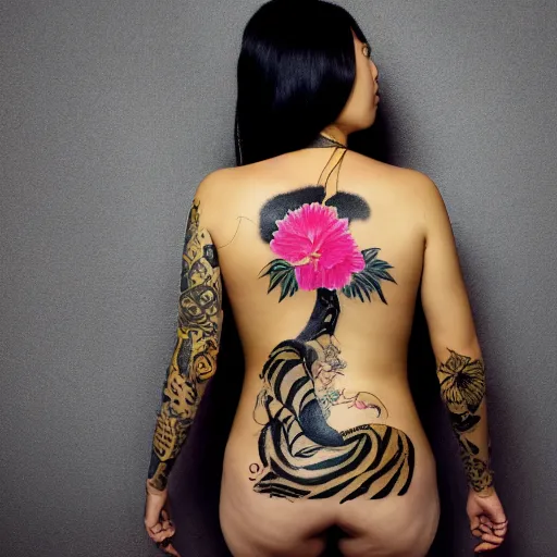 Image similar to photography of the back of a woman with a black detailed irezumi tatto representing a big gold tiger with pink flowers on her entire back, dark hangar background, mid-shot, editorial photography