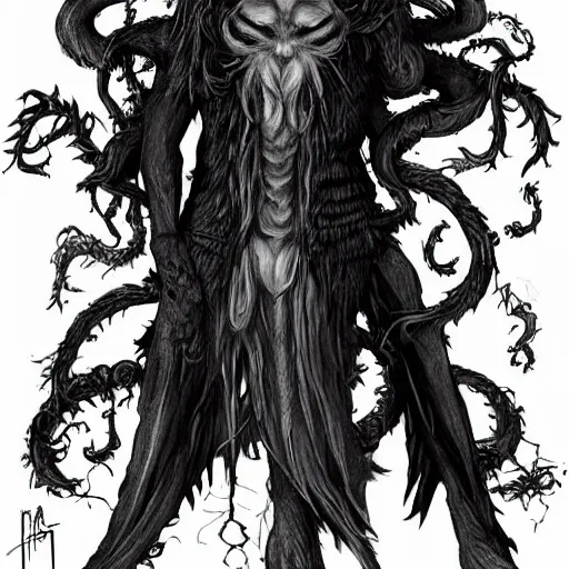 Prompt: ancient magus, fae, ram skulled creature with black fur, elegant, tendrils, forest, heavy fog, fantasy, ultra realistic