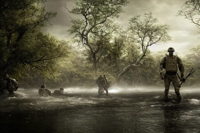 Prompt: a cinematic headshot portrait, of a squad of special soldiers emerging from the water, in a vast serene landscape, with trees and rivers, detailed, deep focus, movie still, dramatic lighting, by michal karcz and yoshitaka amano