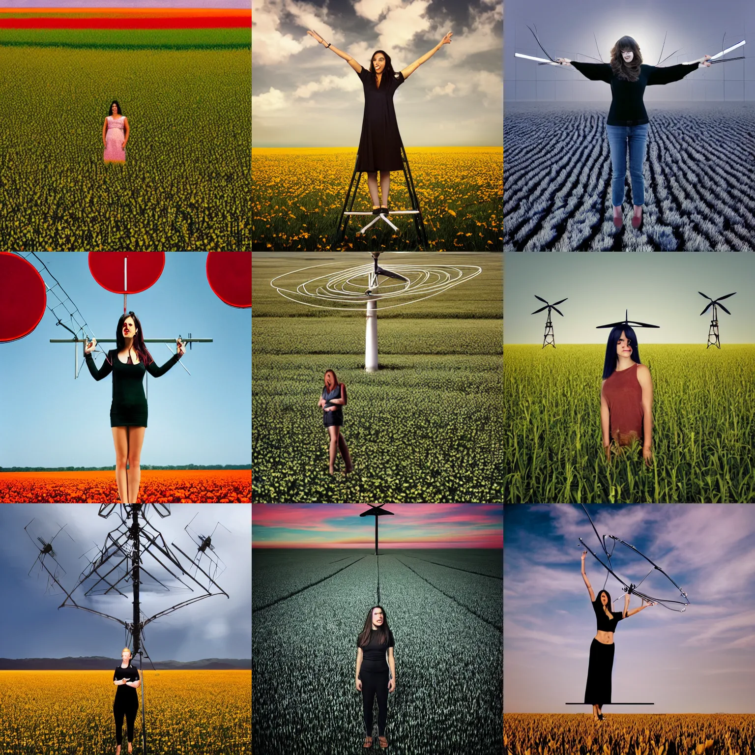 Prompt: woman with a schaub television face standing in antennas field, surreal photography