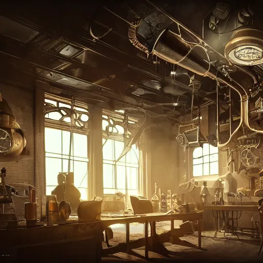 Prompt: inside steampunk science laboratory, edwardian architecture, steampunk interdimensional portal generator, steam, clouds, sparks, in the style of Alex Ross, octane render, cinematic, highly detailed, moody lighting