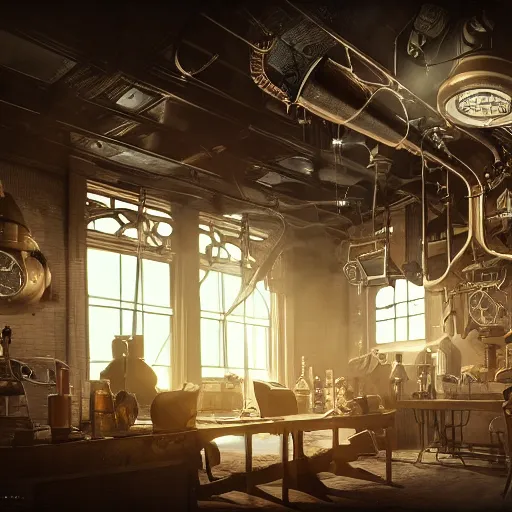 Image similar to inside steampunk science laboratory, edwardian architecture, steampunk interdimensional portal generator, steam, clouds, sparks, in the style of Alex Ross, octane render, cinematic, highly detailed, moody lighting