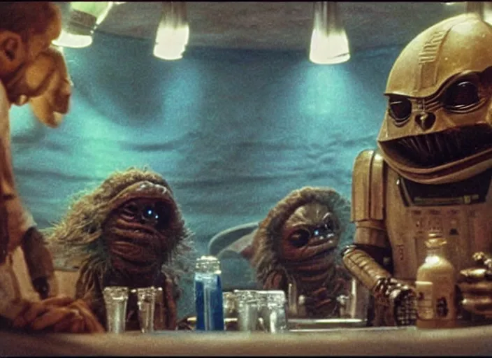 Image similar to still of some aliens having a drink in the Cantina in Star Wars (1977).