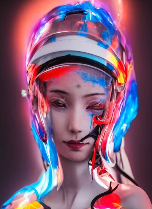 Image similar to extremely beautiful photo of a white marble statue of an anime girl with colorful motocross logos and motorcycle helmet with closed visor, colorful smoke in the background, carved marble statue, fine art, neon genesis evangelion, virgil abloh, offwhite, denoise, highly detailed, 8 k, hyperreal