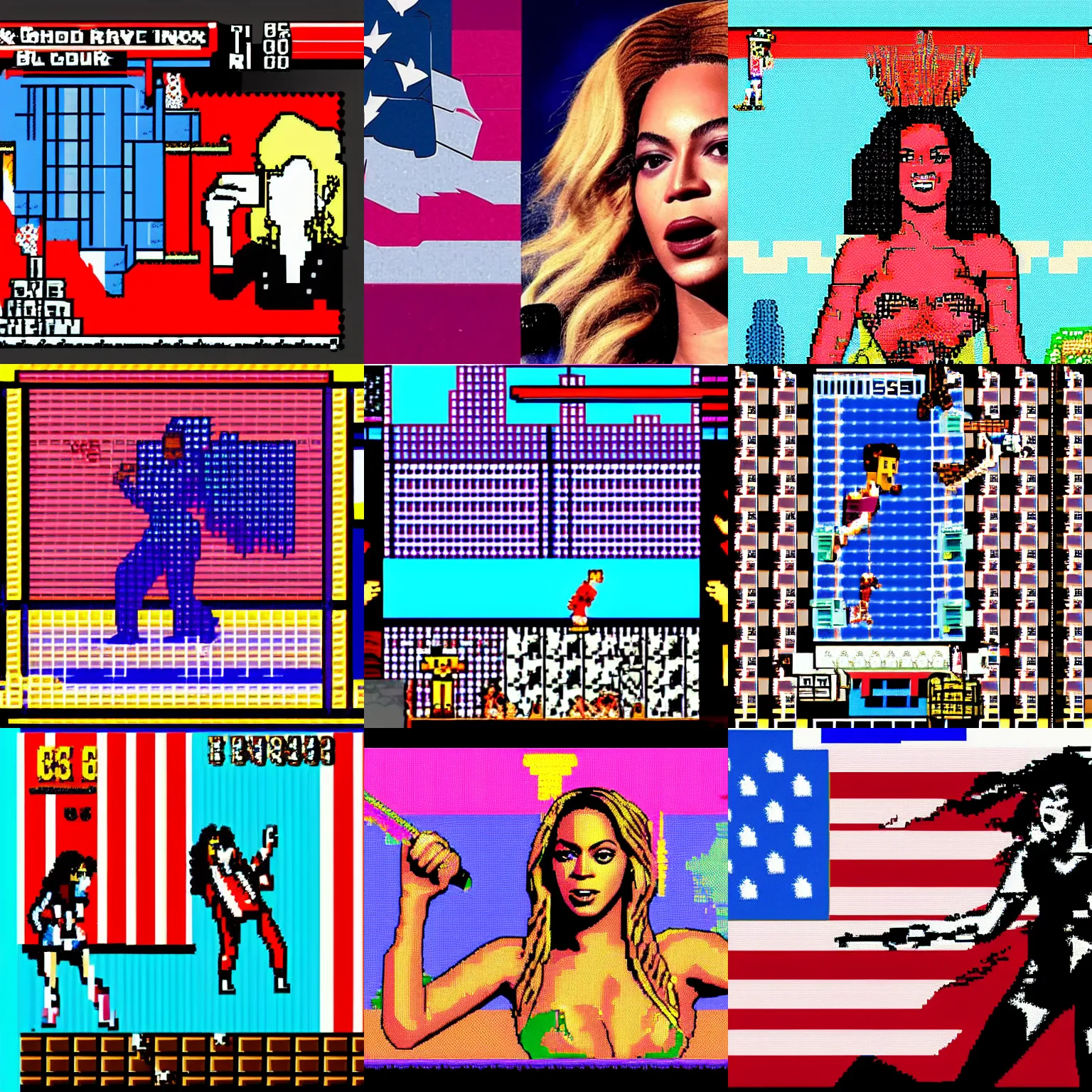 Prompt: beyonce, America has a problem, 8 bit video game, retro side scroller