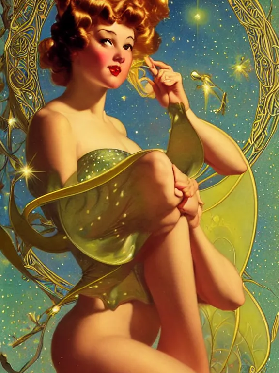 Image similar to kiernan shipman as tinkerbell glowing, a beautiful art nouveau portrait by Gil elvgren and Hajime Sorayama, moonlit starry sky environment, centered composition, defined features, golden ratio, golden glow