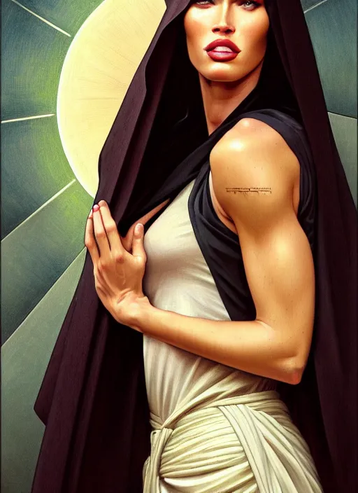 Prompt: portrait of megan fox as a sultry nun, catholic, church, bible, christianism, praying, intrigante, headshot, highly detailed, digital painting, artstation, concept art, sharp focus, cinematic lighting, illustration, art by artgerm and greg rutkowski, alphonse mucha, cgsociety