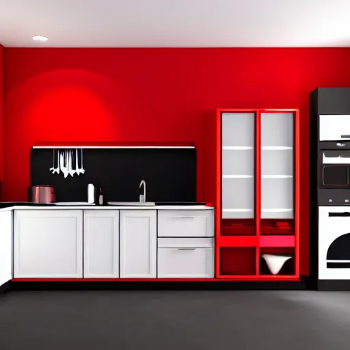 Prompt: photo of black kitchen fronts and furniture, red walls, white floor tiles, architecture, concept art