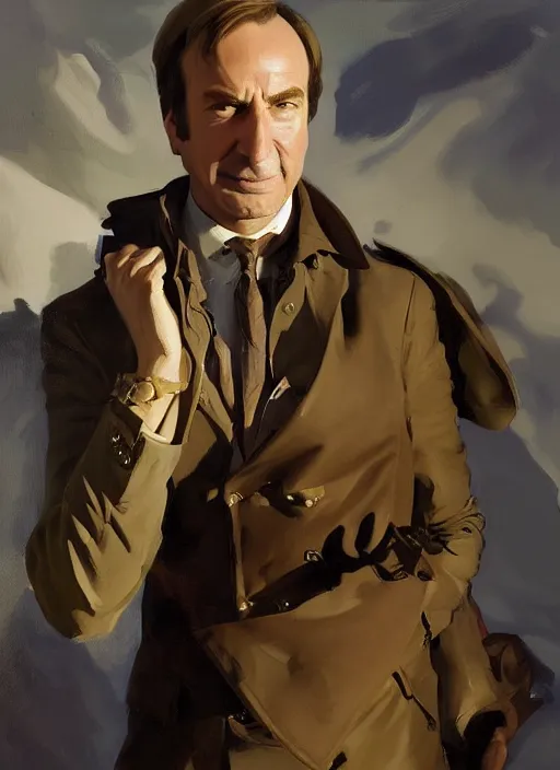 Prompt: portrait of saul goodman, jodhpurs hyperborea winter traveler treasure hunter greg manchess painting by sargent and leyendecker, fantasy, medium shot, asymmetrical, intricate, elegant, matte painting, illustration, hearthstone, by rhads, by greg rutkowski, by greg tocchini, by james gilleard, by joe fenton