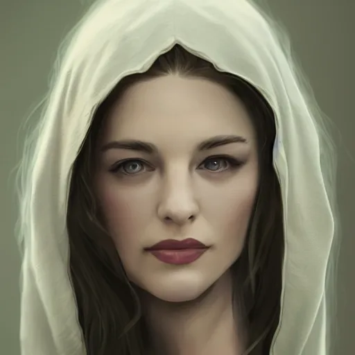 Image similar to 8 5 mm f 1. 8 portrait of a girl that is a mixture between liv tyler and carice van houten, she is about 2 5 years old, long curly hair, very tall and slender, she is wearing a elven robe, highly detailed, digital painting, artstation, concept art, smooth, sharp foccus ilustration, artstation hq