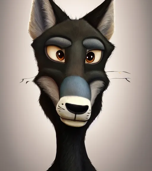Image similar to oil painting bust of anthromorphic female wolf, in style of zootopia, zootopia, zootopia, fursona, furry, furaffinity, 4 k, deviantart, furry art, fursona art, wearing black business suit, business suit, in style of zootopia, wolf fursona, cyberpunk, female, expressive detailed feminine face,