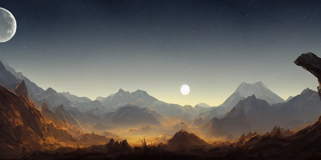 Image similar to large mountains in the distance, moon in the night sky, landscape wallpaper, d&d art, fantasy, painted, 4k, high detail, sharp focus, artstation