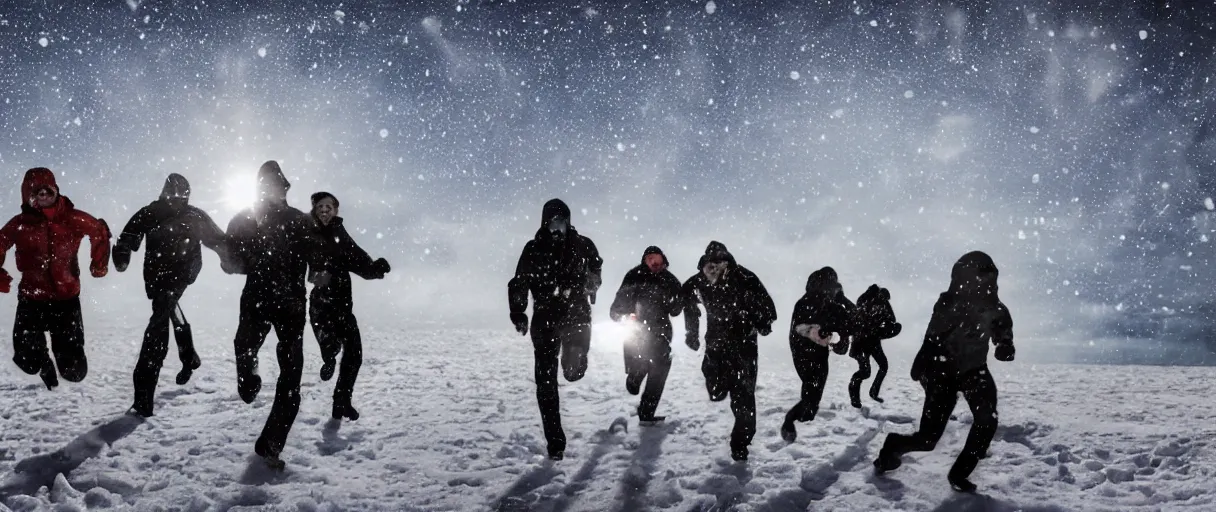 Prompt: a creepy backlit hyper detailed photo realistic vivid close up photograph of a group of six complete people in the snow at night in antarctica running through mcmurdo station base screaming oh my god