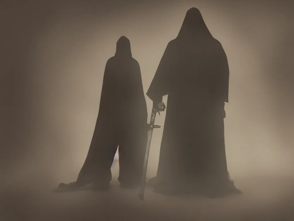 Prompt: a cloaked man holding a sword, shadows, smoke, mist